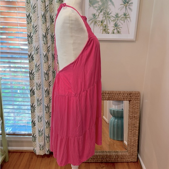 Pink Tie Halter Swim Coverup Backless Dress Ruffle Collar Rayon Size Medium NWT - Picture 2 of 7